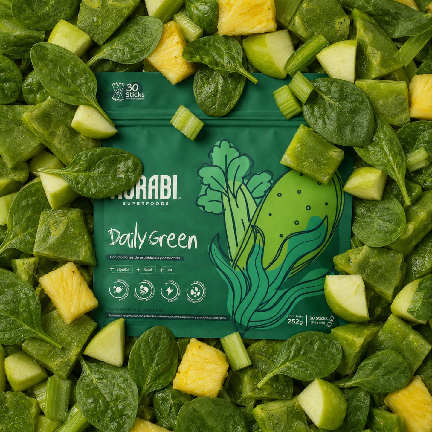 Kurabi Daily Green Jugo Verde con spirulina, nopal, espinaca y apio 252 g 8.4g/30 sticks