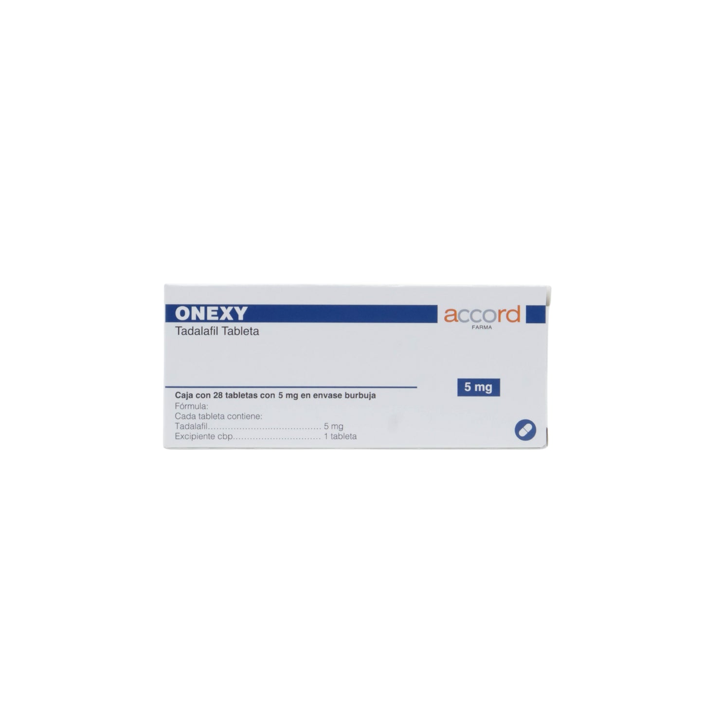 Onexy Tadalafil 5 mg, Caja con 28 tabletas en envase burbuja
