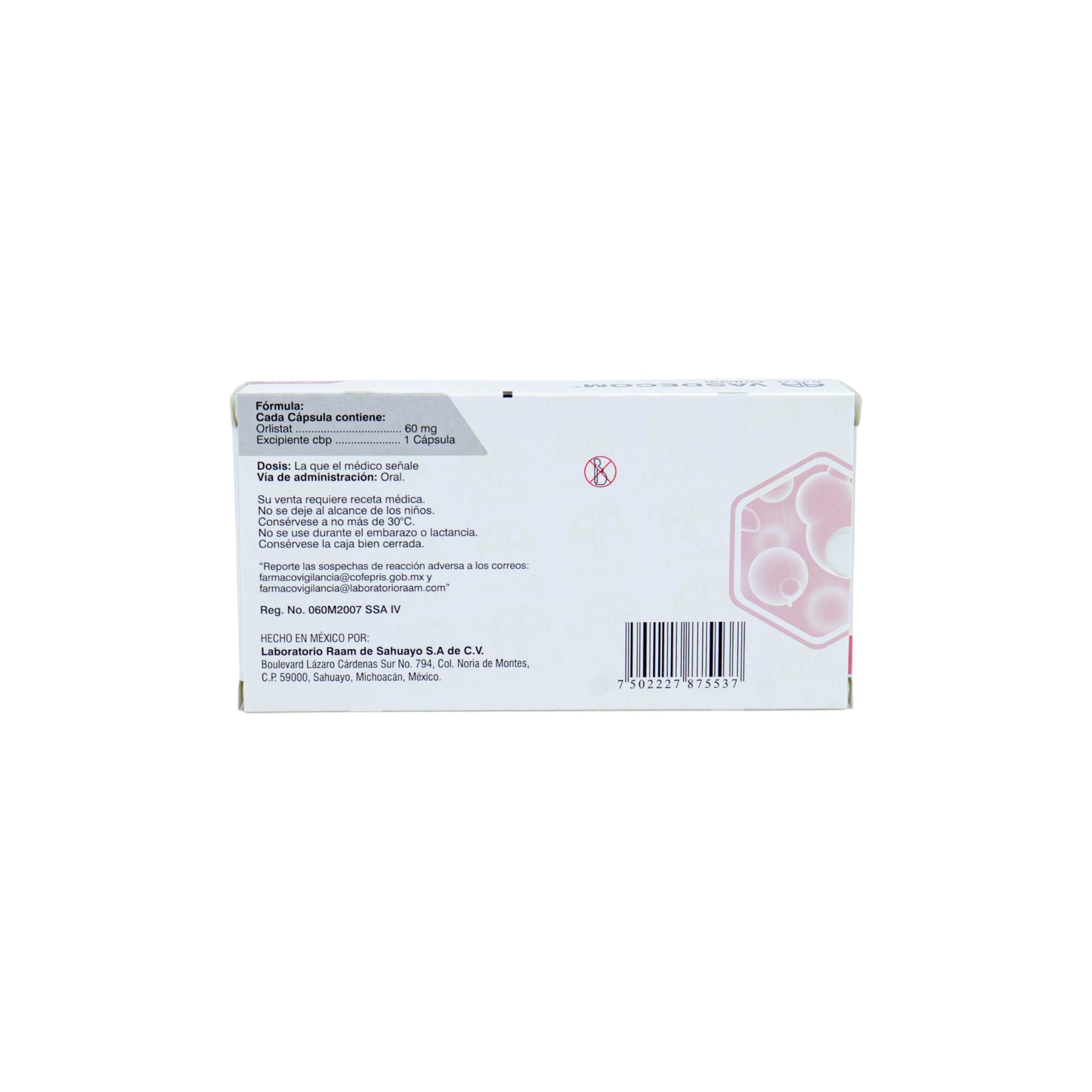 Vasdecom Orlistat 60 mg, Caja con envase burbuja con 30 cápsulas