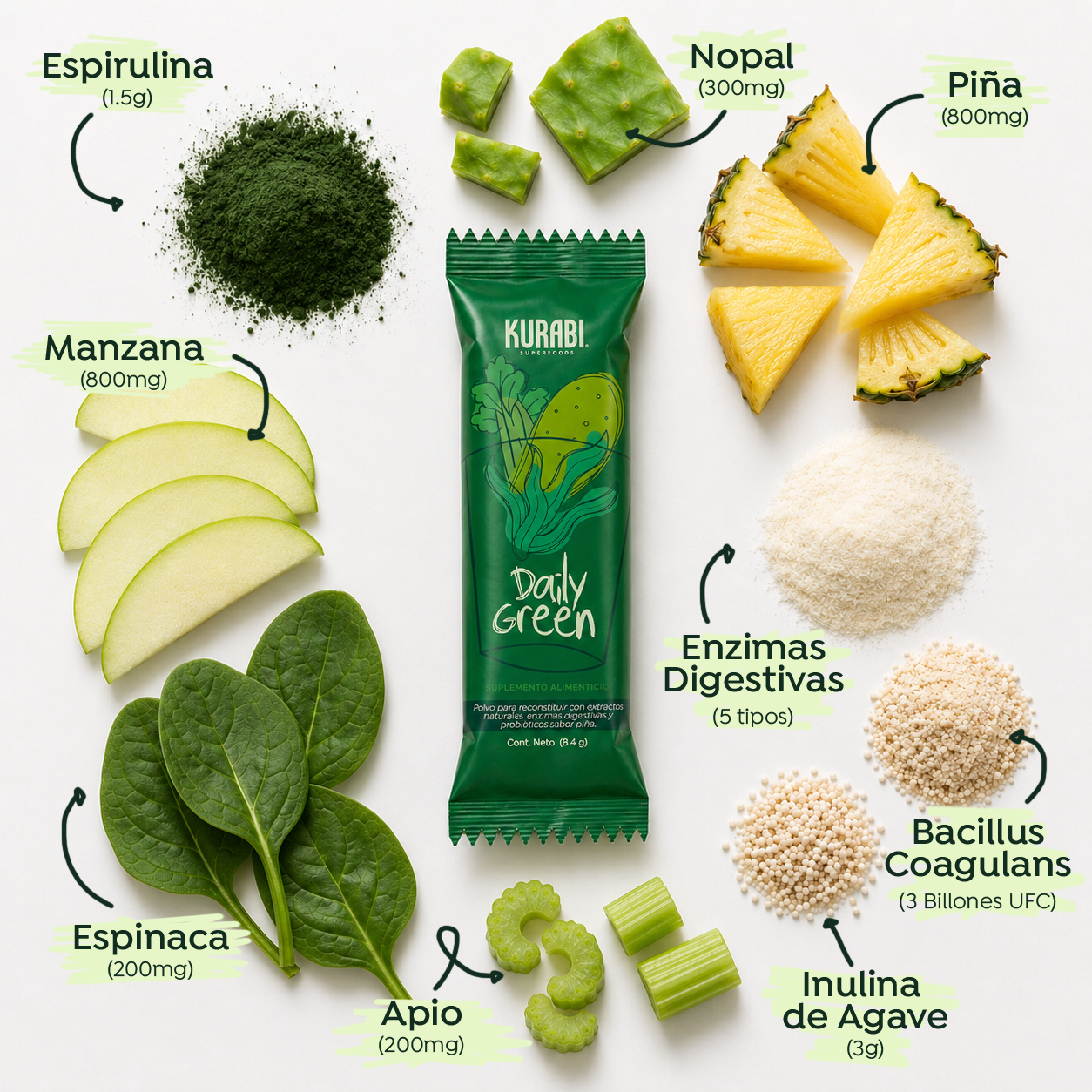 Kurabi Daily Green Jugo Verde con spirulina, nopal, espinaca y apio 252 g 8.4g/30 sticks