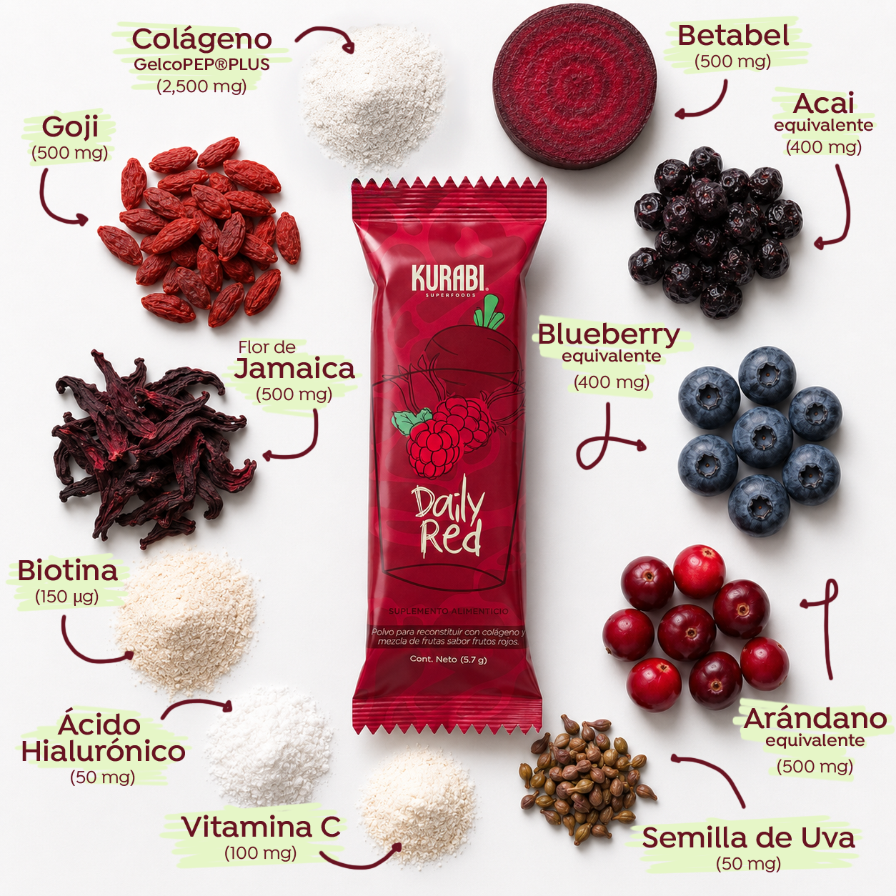 Kurabi Daily Red Colágeno Hidrolizado GelcoPEP 171g 3.7g/30 sticks
