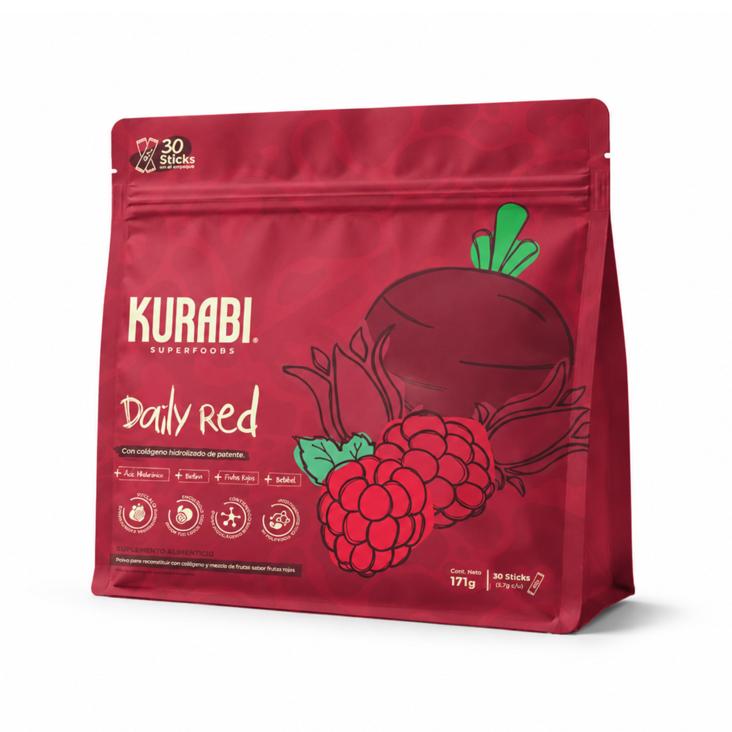 Kurabi Daily Red Colágeno Hidrolizado GelcoPEP 171g 3.7g/30 sticks