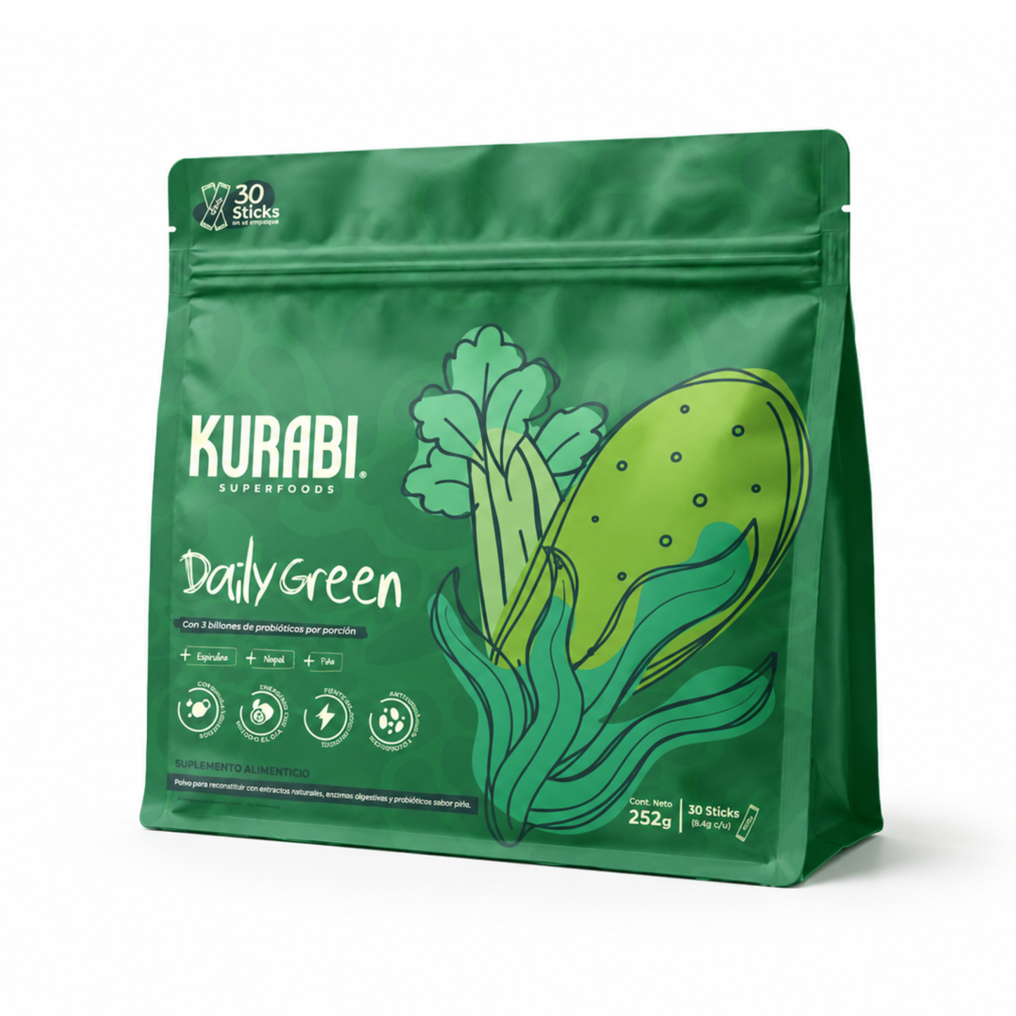 Kurabi Daily Green Jugo Verde con spirulina, nopal, espinaca y apio 252 g 8.4g/30 sticks