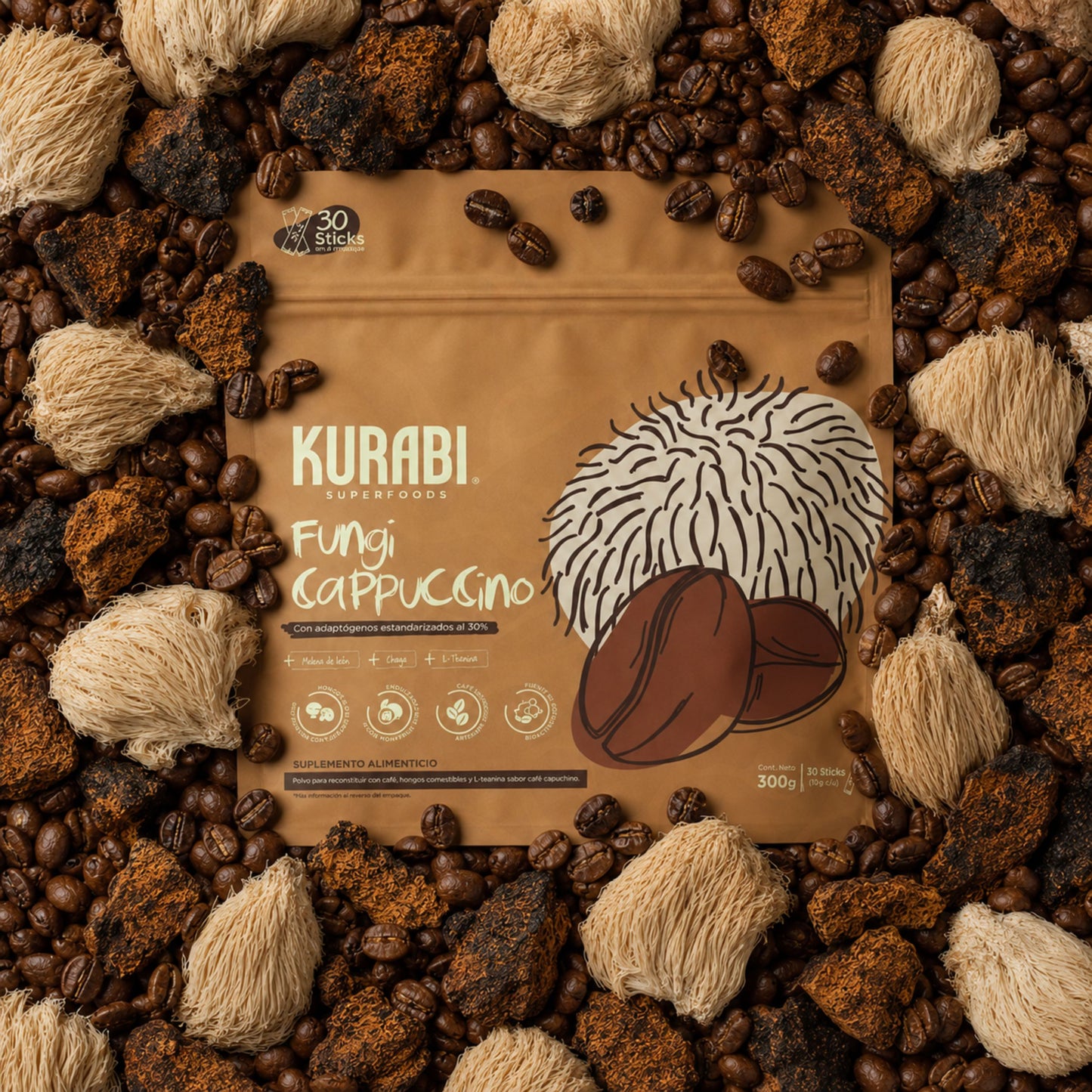 Kurabi Fungi Cappuccino con hongos adaptógenos 300 g 10g/30 sticks