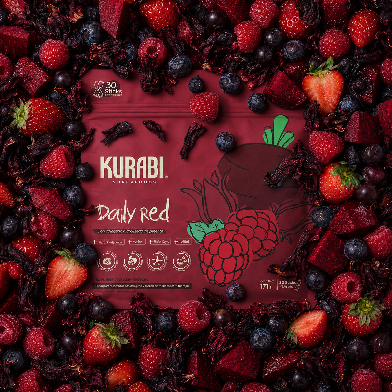 Kurabi Daily Red Colágeno Hidrolizado GelcoPEP 171g 3.7g/30 sticks