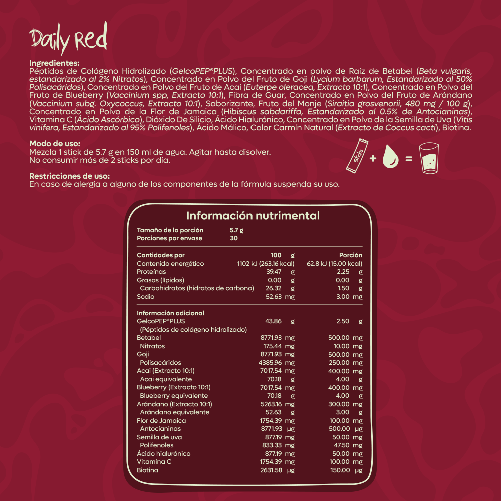 Kurabi Daily Red Colágeno Hidrolizado GelcoPEP 171g 3.7g/30 sticks