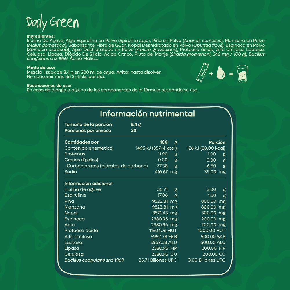 Kurabi Daily Green Jugo Verde con spirulina, nopal, espinaca y apio 252 g 8.4g/30 sticks