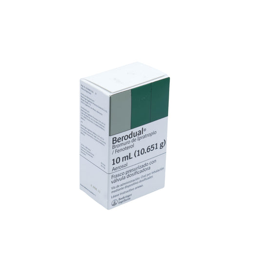 Berodual Bromuro de Ipratropio/Fenoterol 10 mL (10.651 g), Frasco presurizado con válvula dosificadora