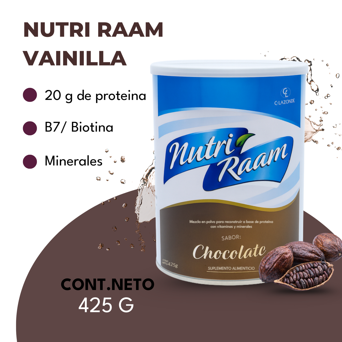 Proteína de Chocolate Nutri Raam – Suplemento Alimenticio con Vitaminas y Minerales | 425 g