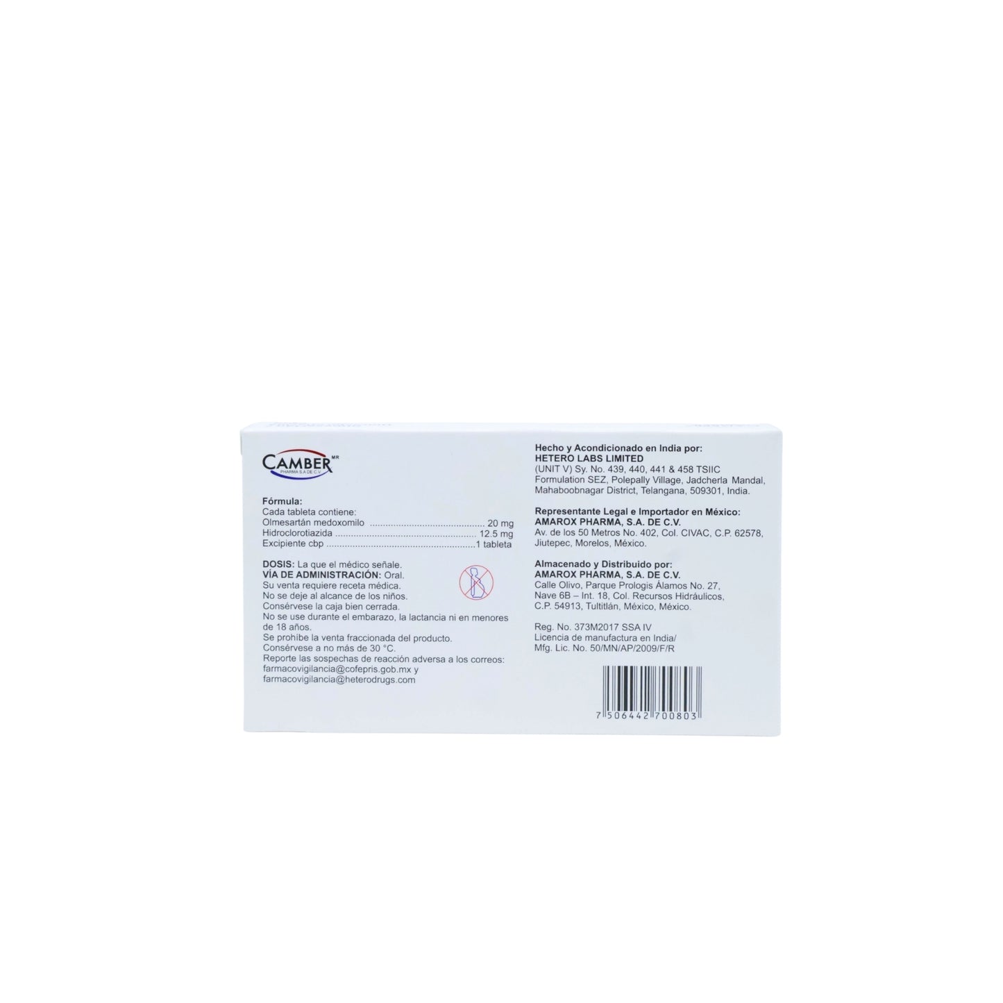 Olmesartán/Hidroclorotiazida 20 mg/12.5 mg, 28 tabletas