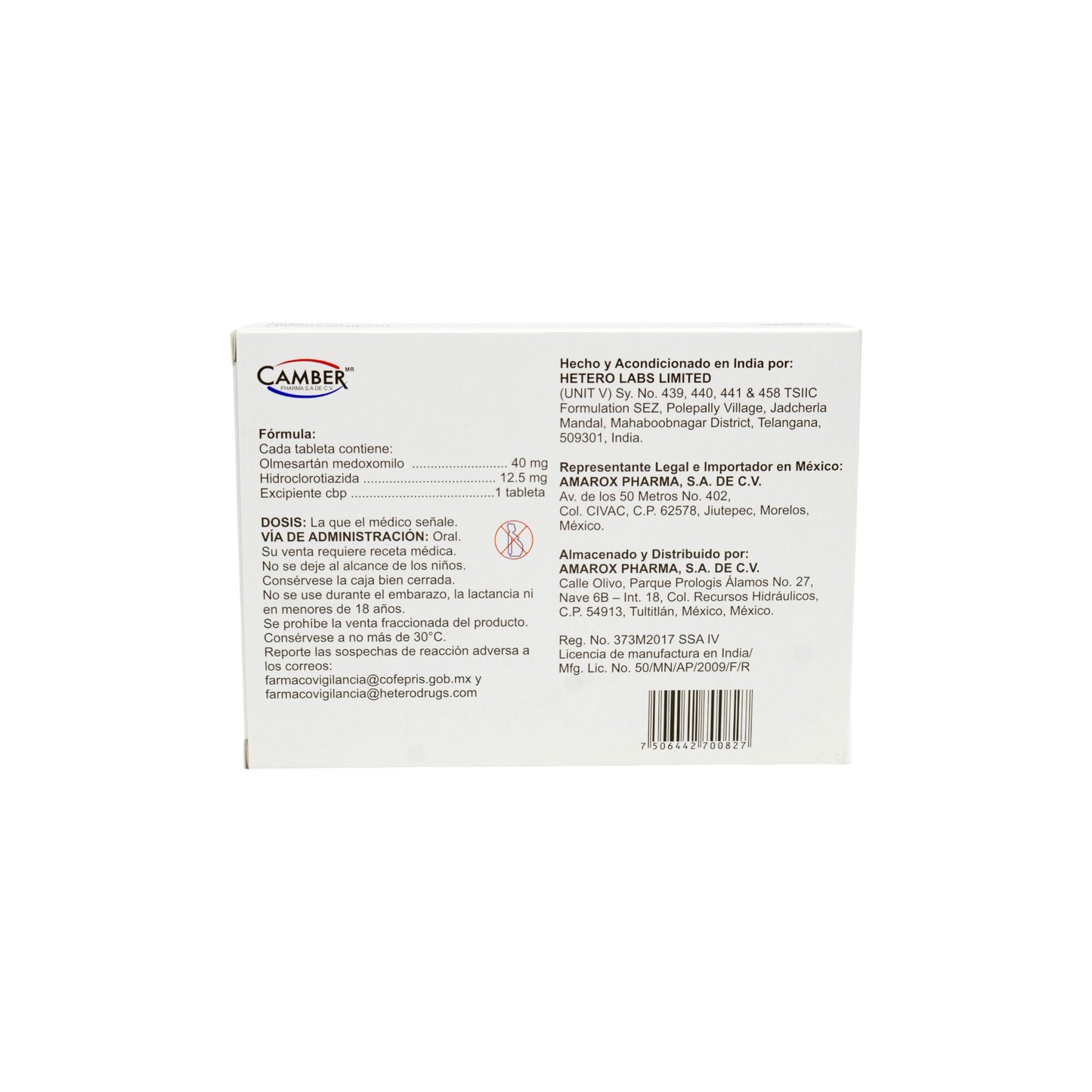 Olmesartán/Hidroclorotiazida 20 mg o 40 mg /12.5 mg, 28 tabletas