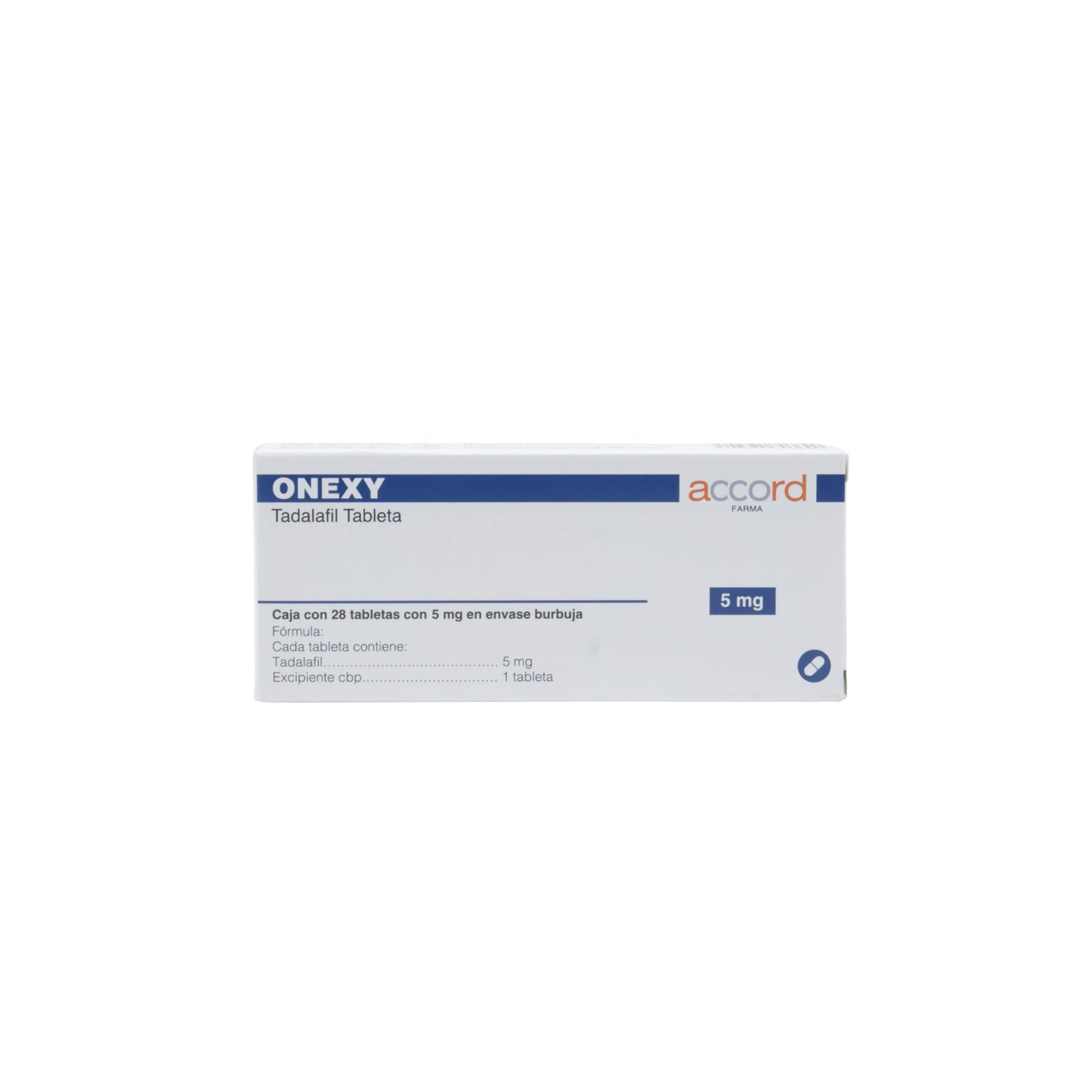 Onexy Tadalafil 5 mg, Caja con 28 tabletas en envase burbuja
