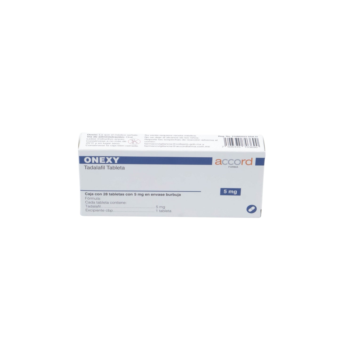 Onexy Tadalafil 5 mg, Caja con 28 tabletas en envase burbuja