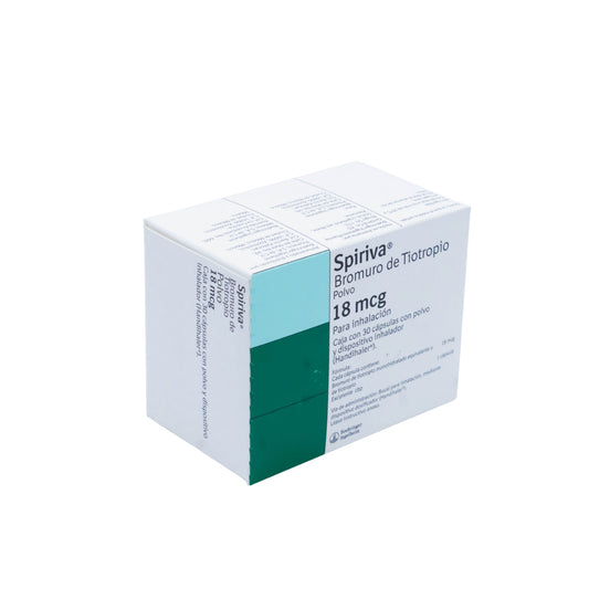 Spiriva Bromuro de Tiotropio 18 mcg, Caja con 30 cápsulas con polvo para inhalación y dispositivo inhalador
