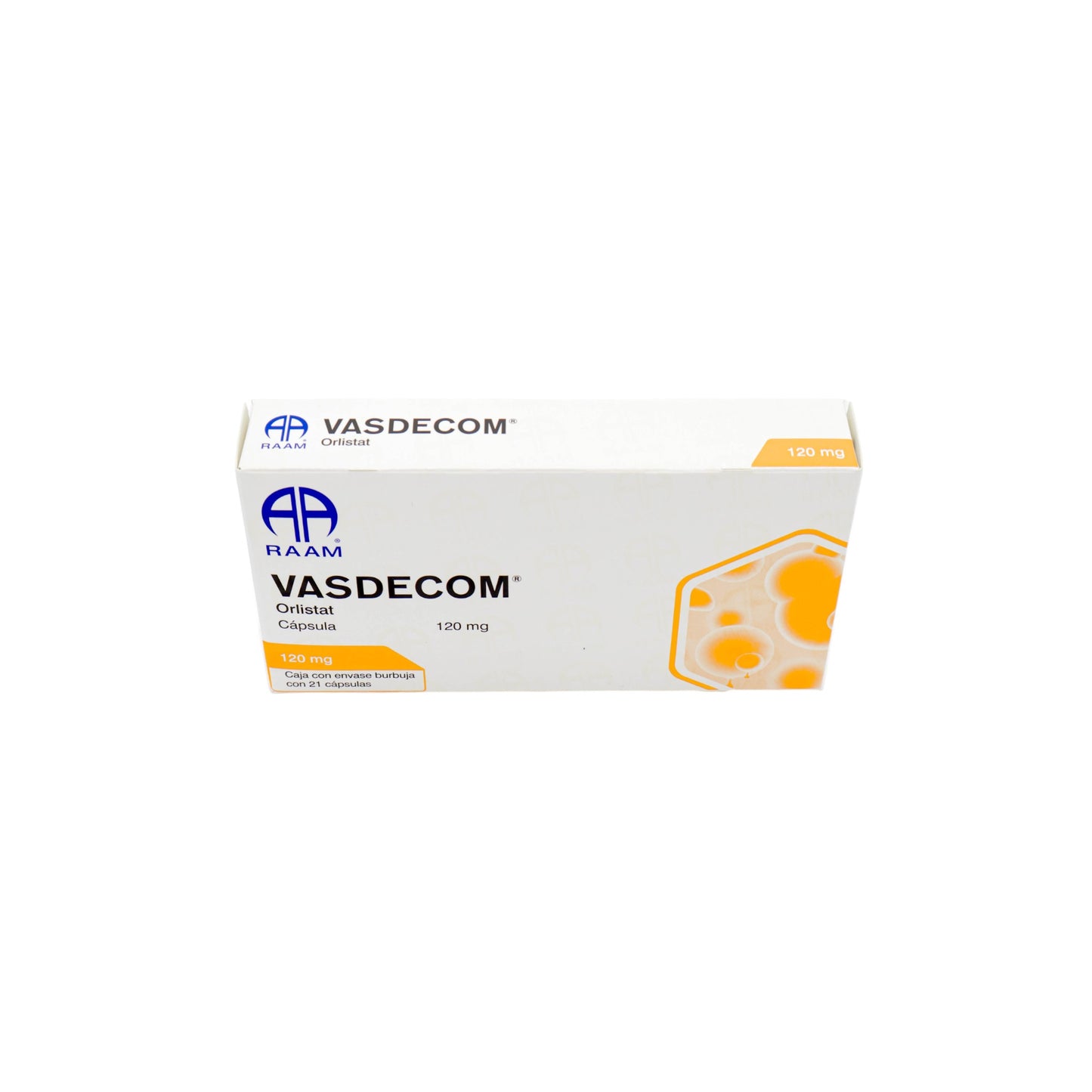 Vasdecom Orlistat 120 mg, Caja con envase burbuja con 21 cápsulas