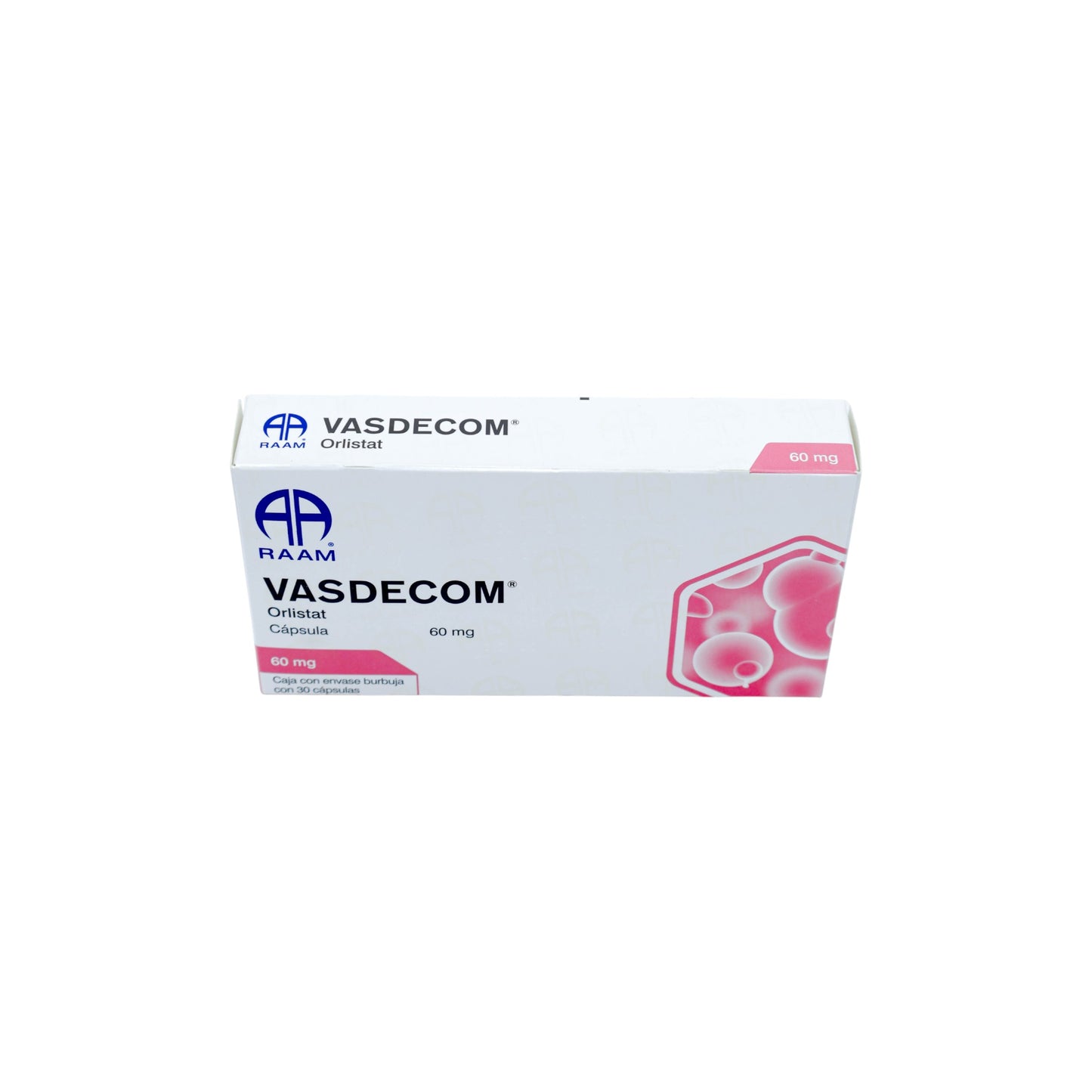 Vasdecom Orlistat 60 mg, Caja con envase burbuja con 30 cápsulas