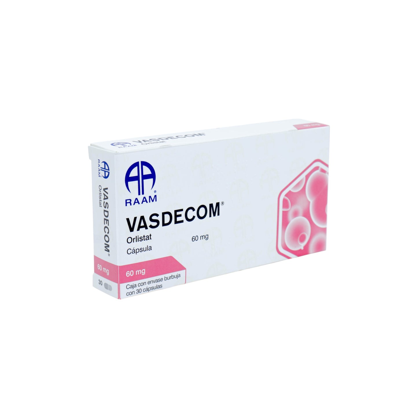 Vasdecom Orlistat 60 mg, Caja con envase burbuja con 30 cápsulas